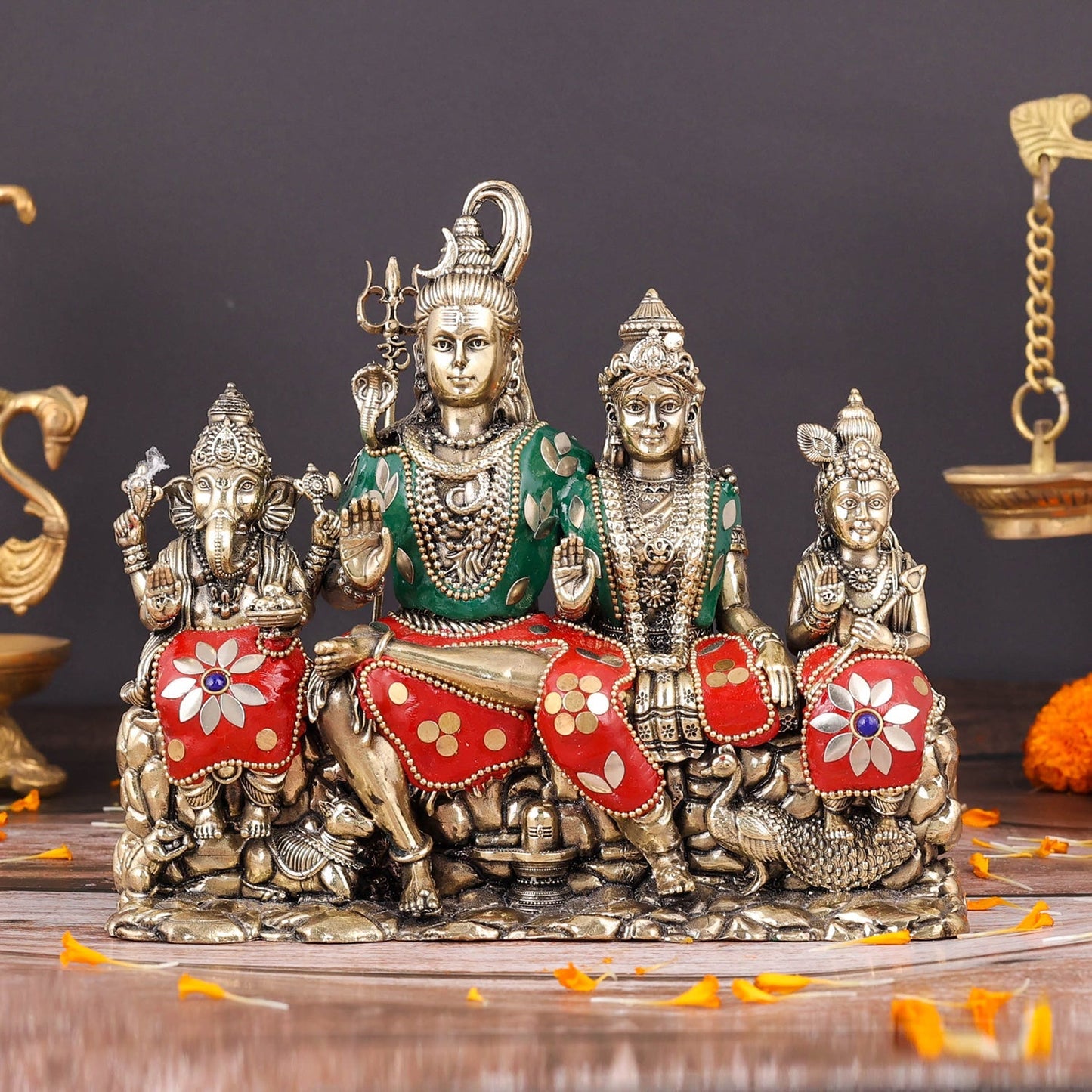 Brass Superfine Lord Shiva Family Statue with Inlay Work 8 Inch