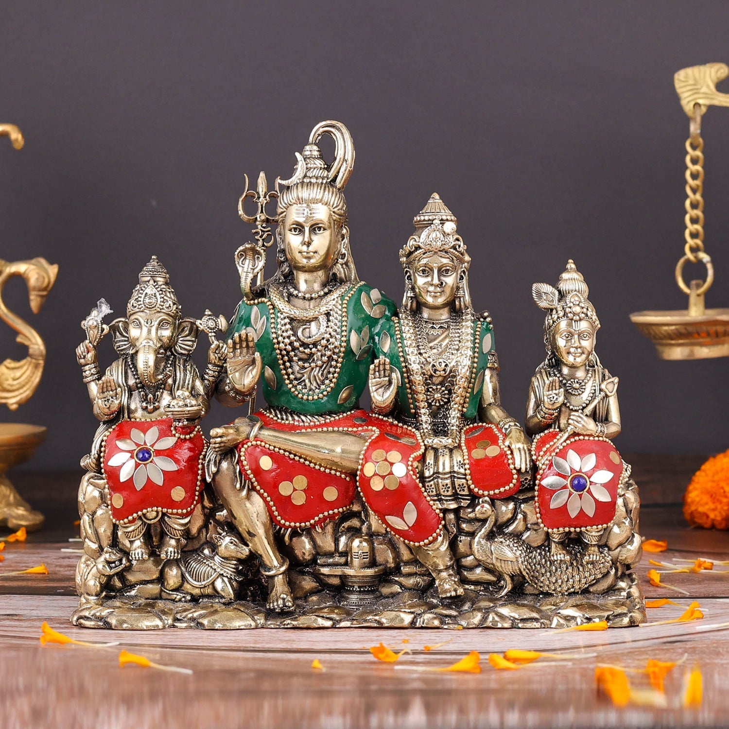 Brass Superfine Lord Shiva Family Statue with Inlay Work 8 Inch - Eco-friendly - Sama Homes