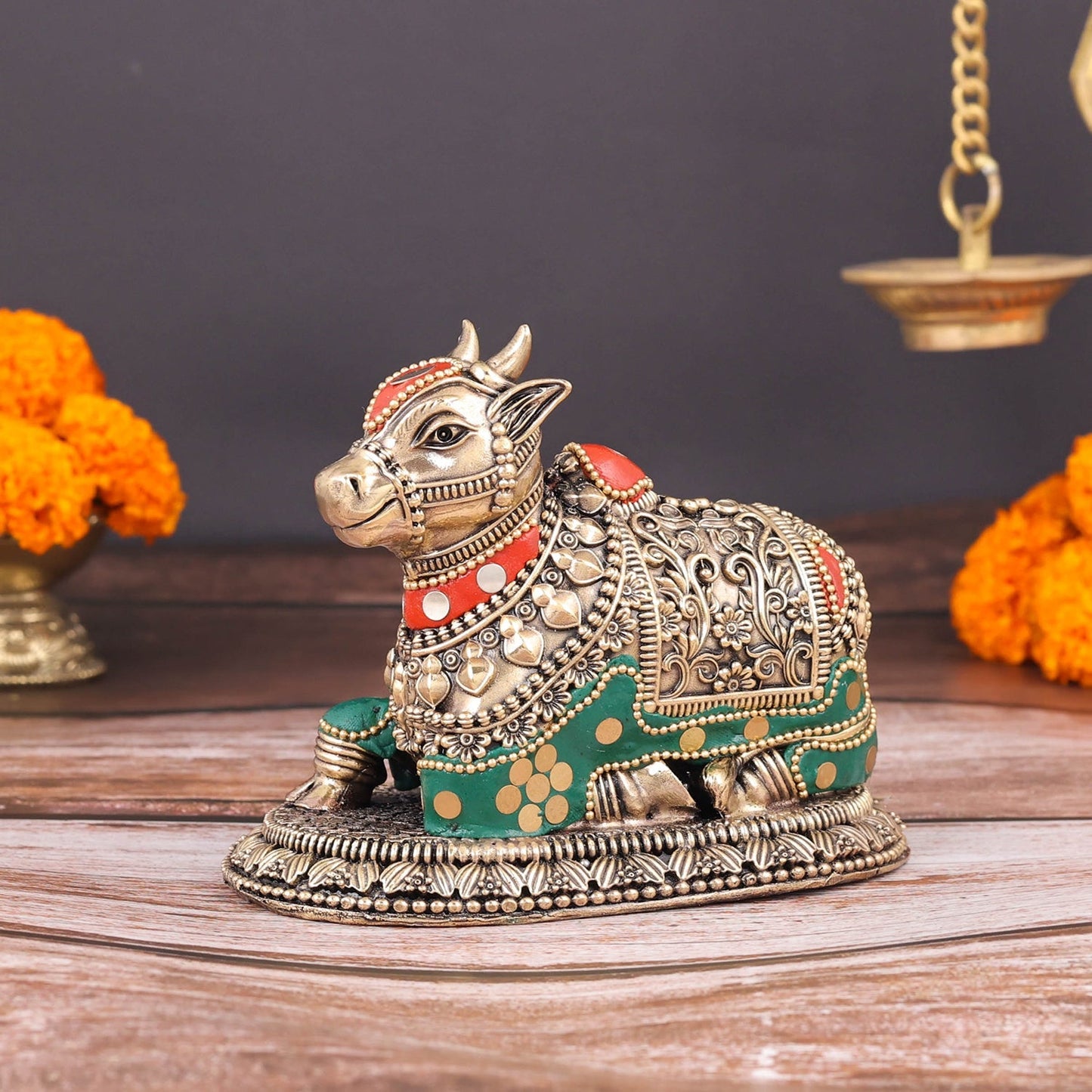 Brass Antique Nandi Statue with Meenakari 5"