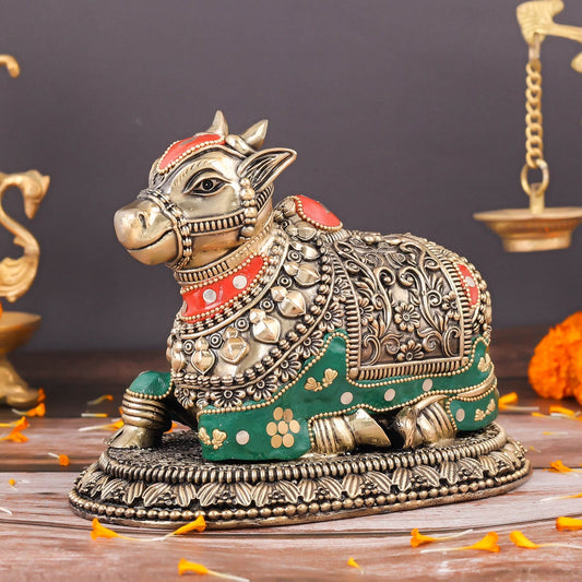 Brass Superfine Nandi Idol Vahan of Lord Shiva Meenakari Stone work 8 Inch
