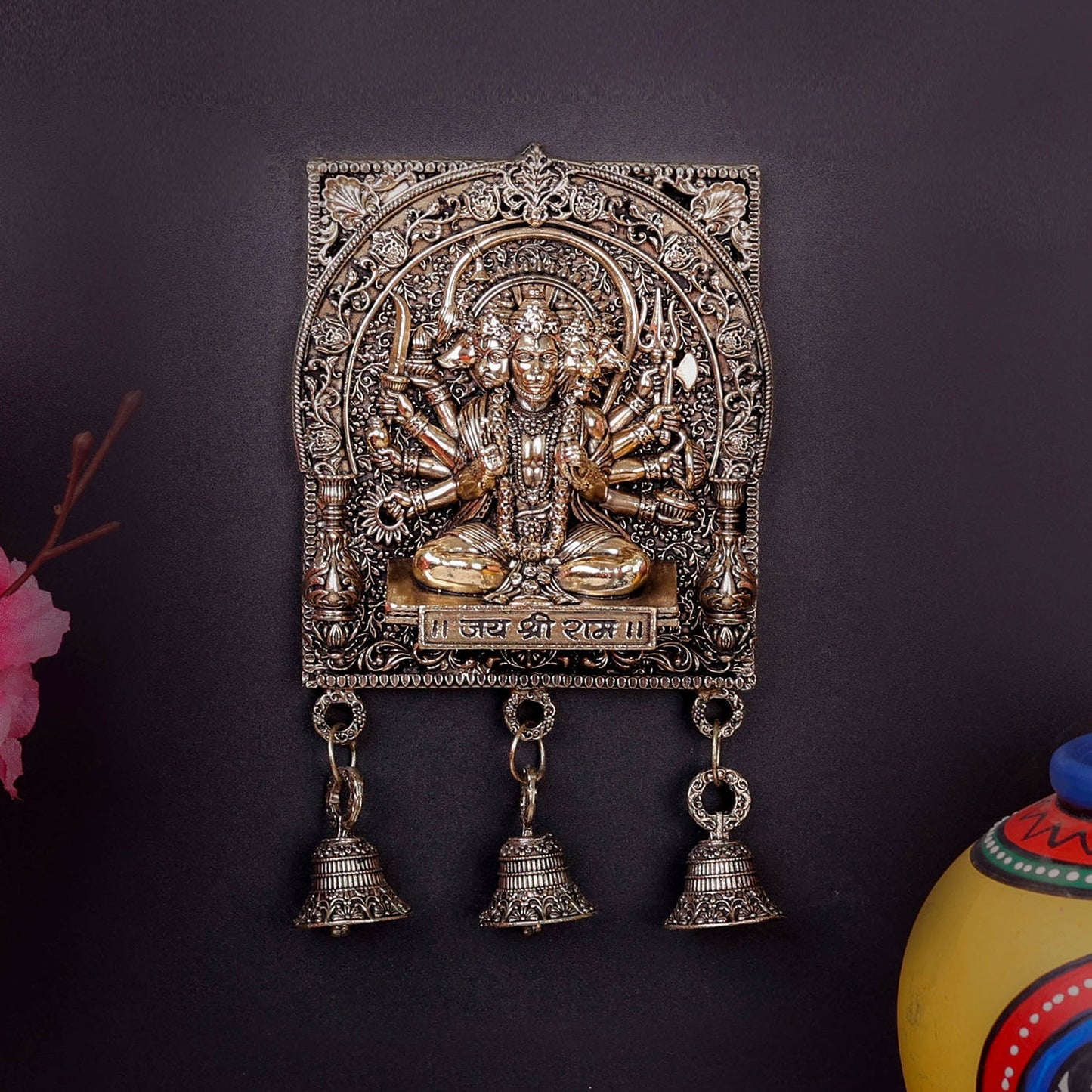 Brass Superfine Panchamukhi Hanuman Wall Hanging with Bells 7 Inch