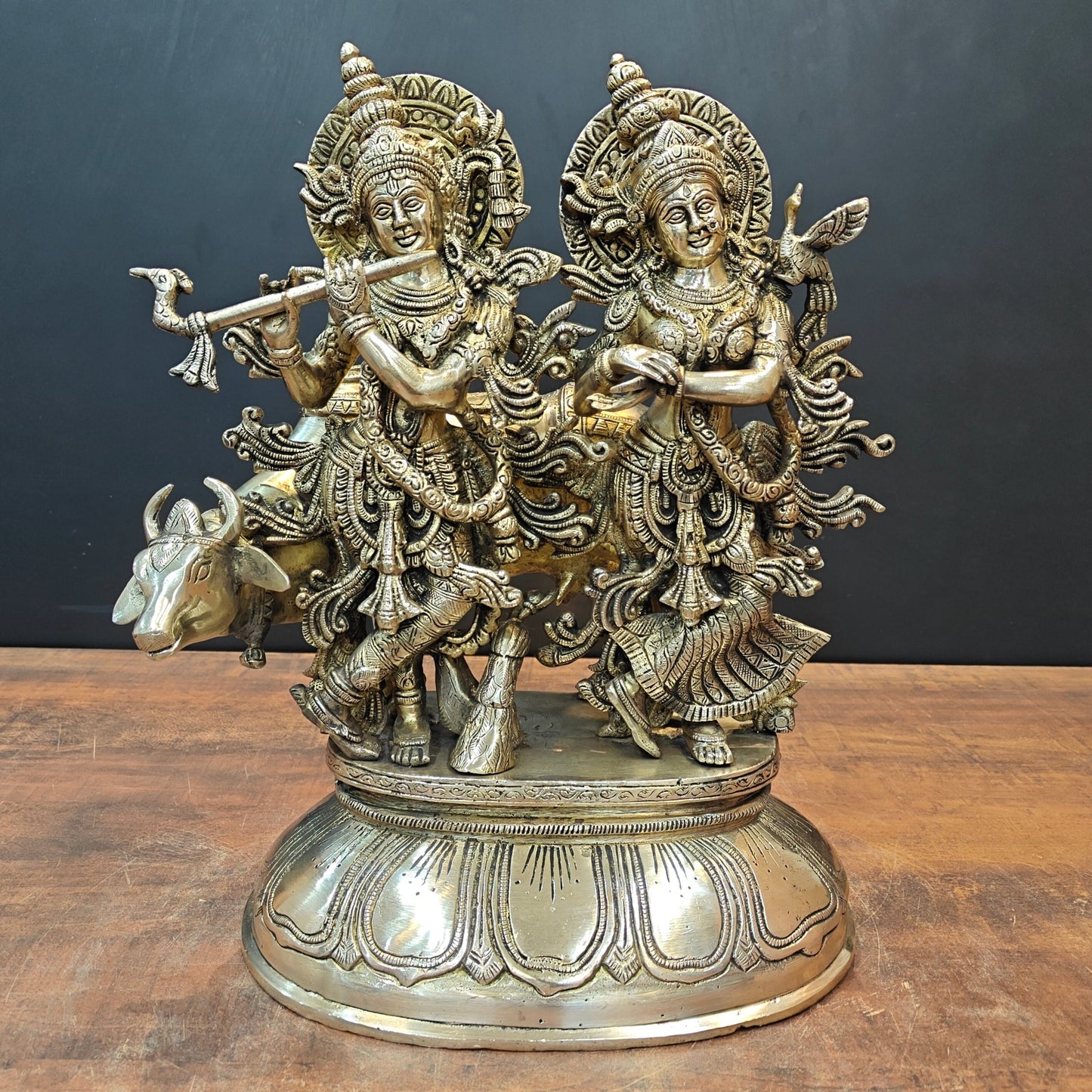 Brass Superfine Radha Krishna Idol with Cow 17 Inch