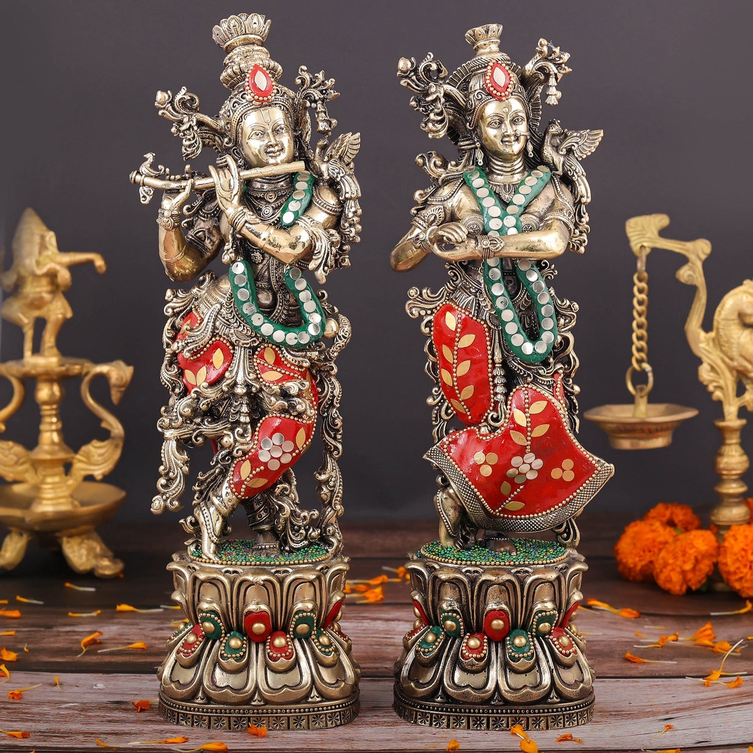Brass Superfine Radha Krishna Idols Meenakari Stone work 12 Inches - Eco-friendly - Sama Homes