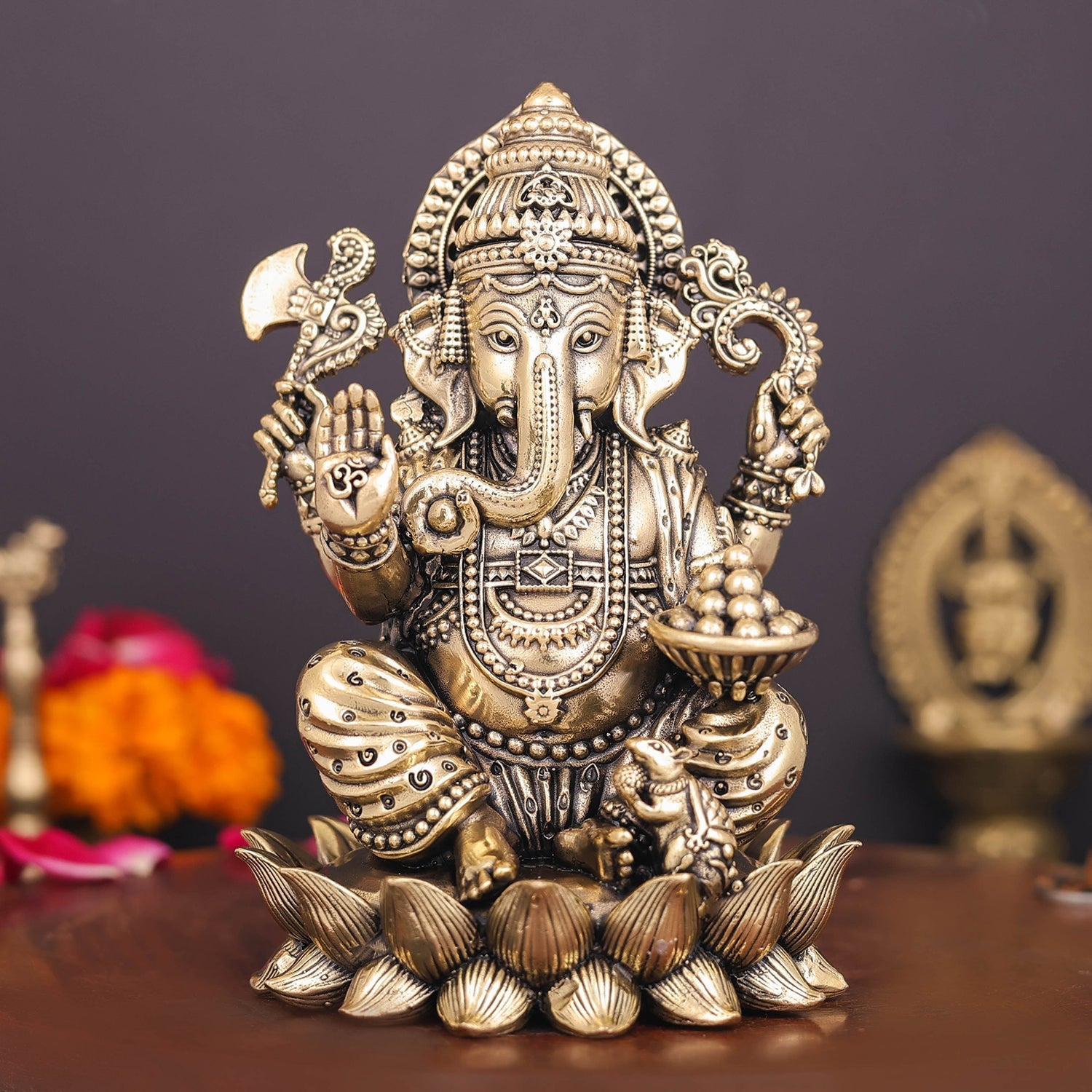 Brass Superfine Right Trunk Ganesha Idol Seated on Lotus 5 Inch - Eco-friendly - Sama Homes