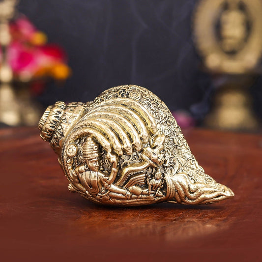 Brass Superfine Sculpture Shankh Cooch Vishnu Lakshmi Engraved Showpiece 3 Inch