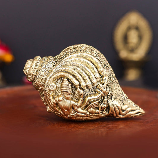 Brass Superfine Sculpture Shankh Cooch Vishnu Lakshmi Engraved Showpiece 4 Inch