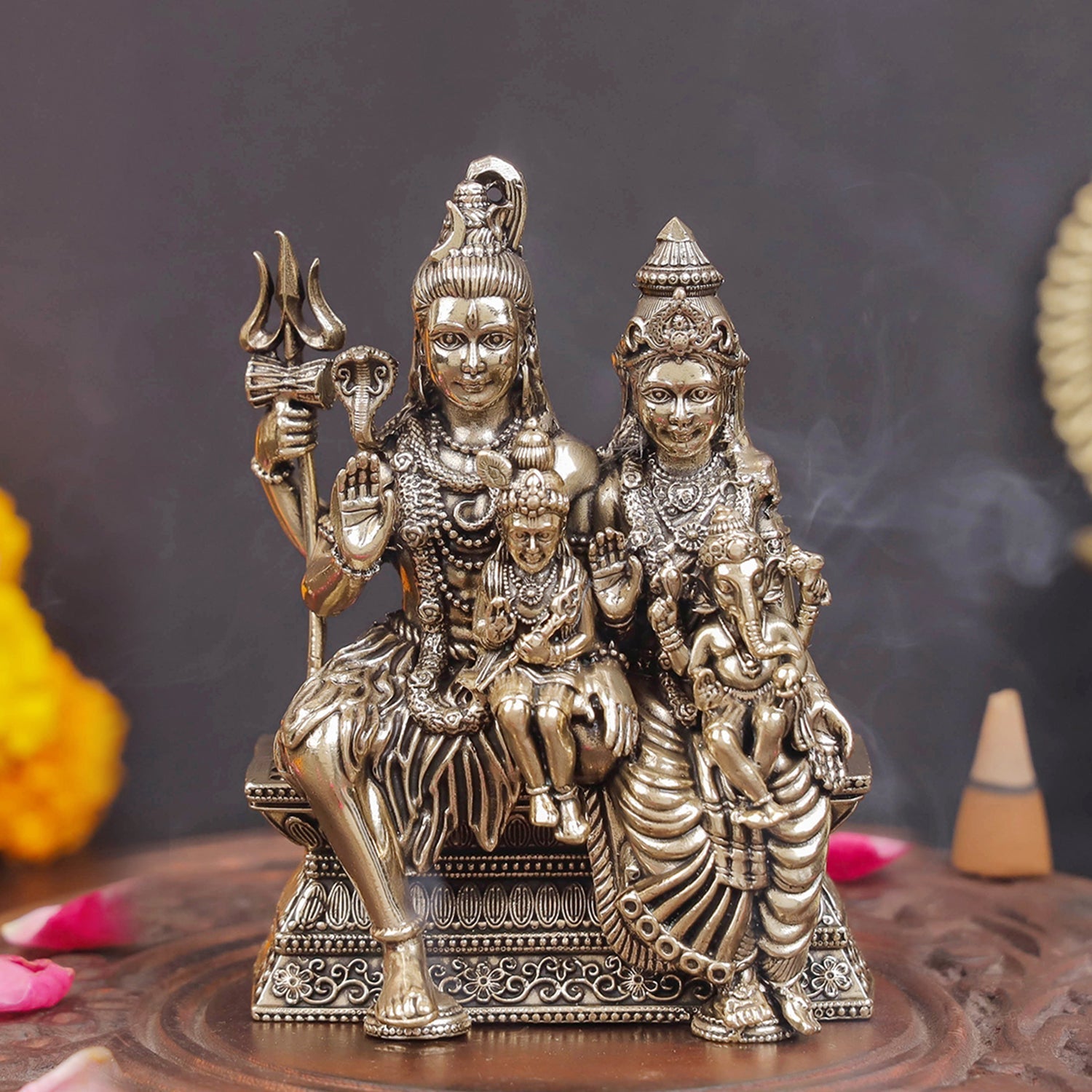 Brass Superfine Shiv Parivar Idol For Home Temple Decor 4 Inch - Eco-friendly - Sama Homes