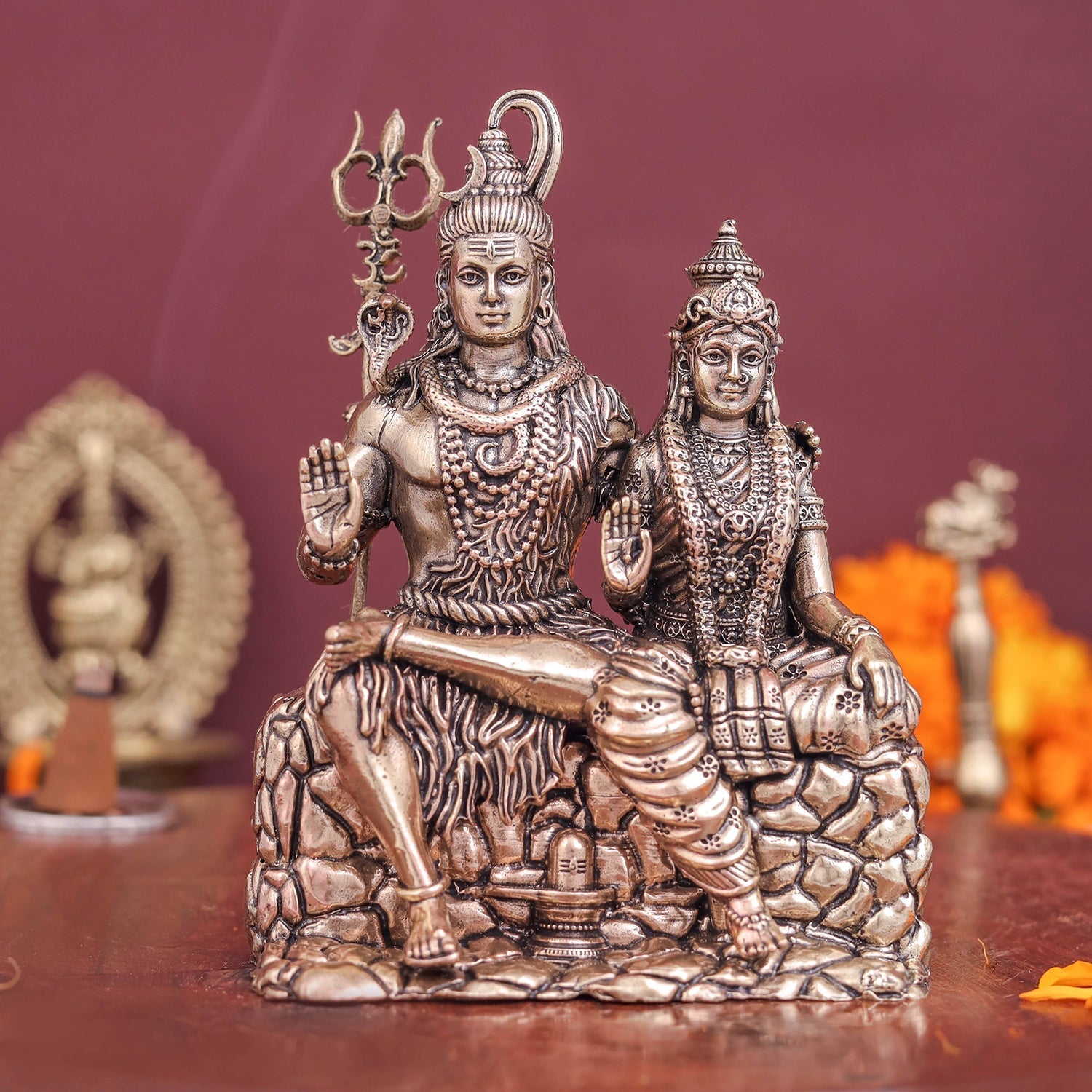 Brass Superfine Shiva Parvati Idol For Temple Decor 4 Inch - Eco-friendly - Sama Homes