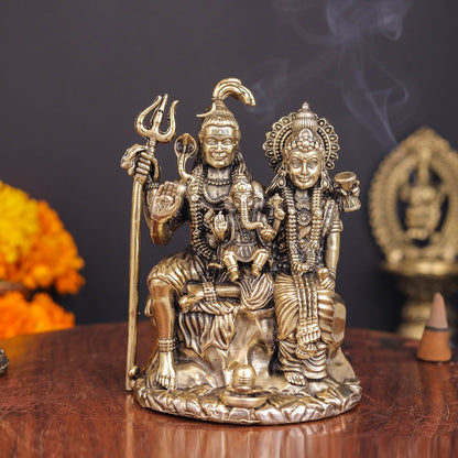 Brass Superfine Shiva and Parvati With Ganesha Idol 4 Inch by vendor-unknown - Hindu Gods