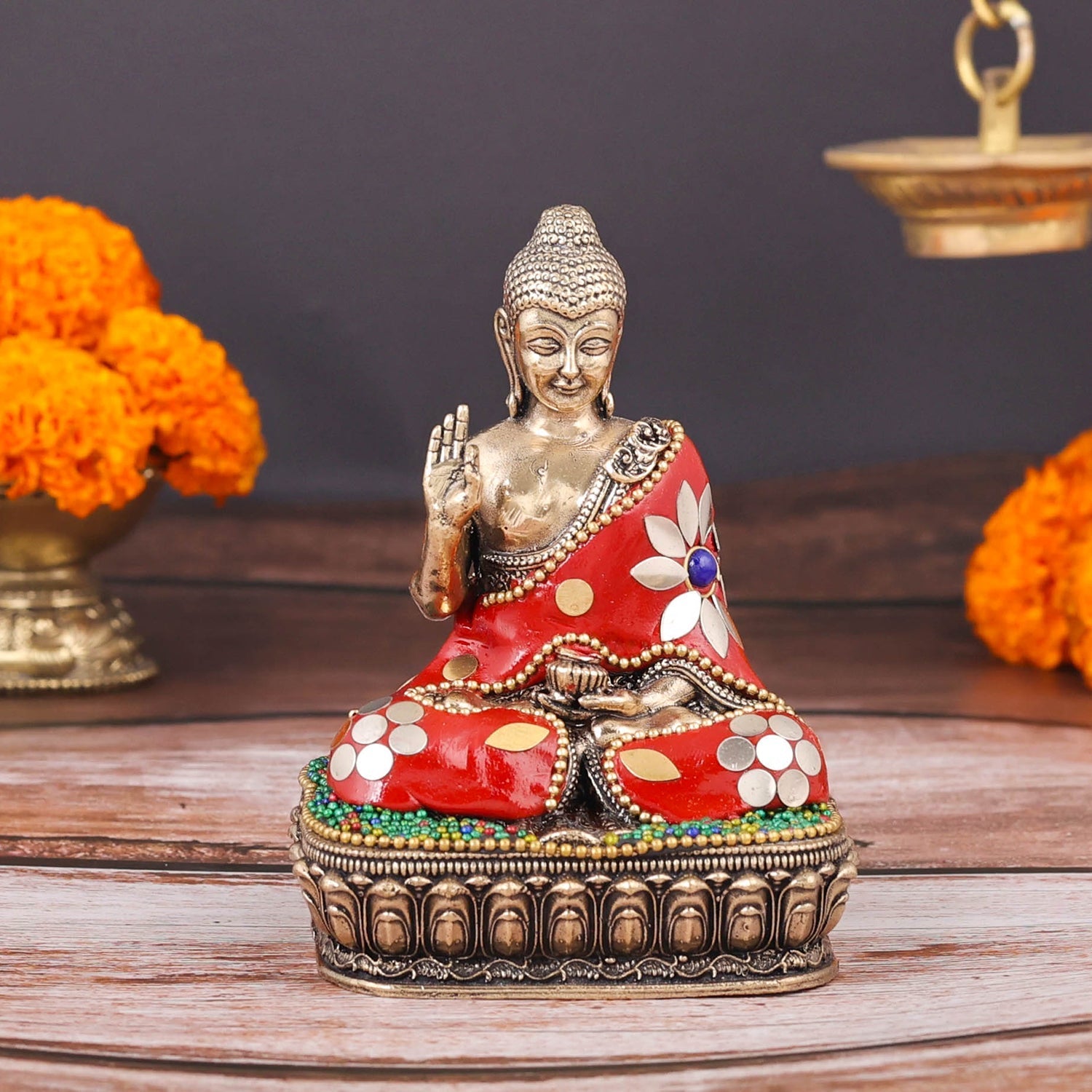 Brass Superfine Small Buddha Statue With Stone Work 4 Inch - Eco-friendly - Sama Homes