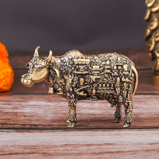 Brass Superfine Small Kamadhenu Cow with Engraved Gods and Goddesses 3 Inch