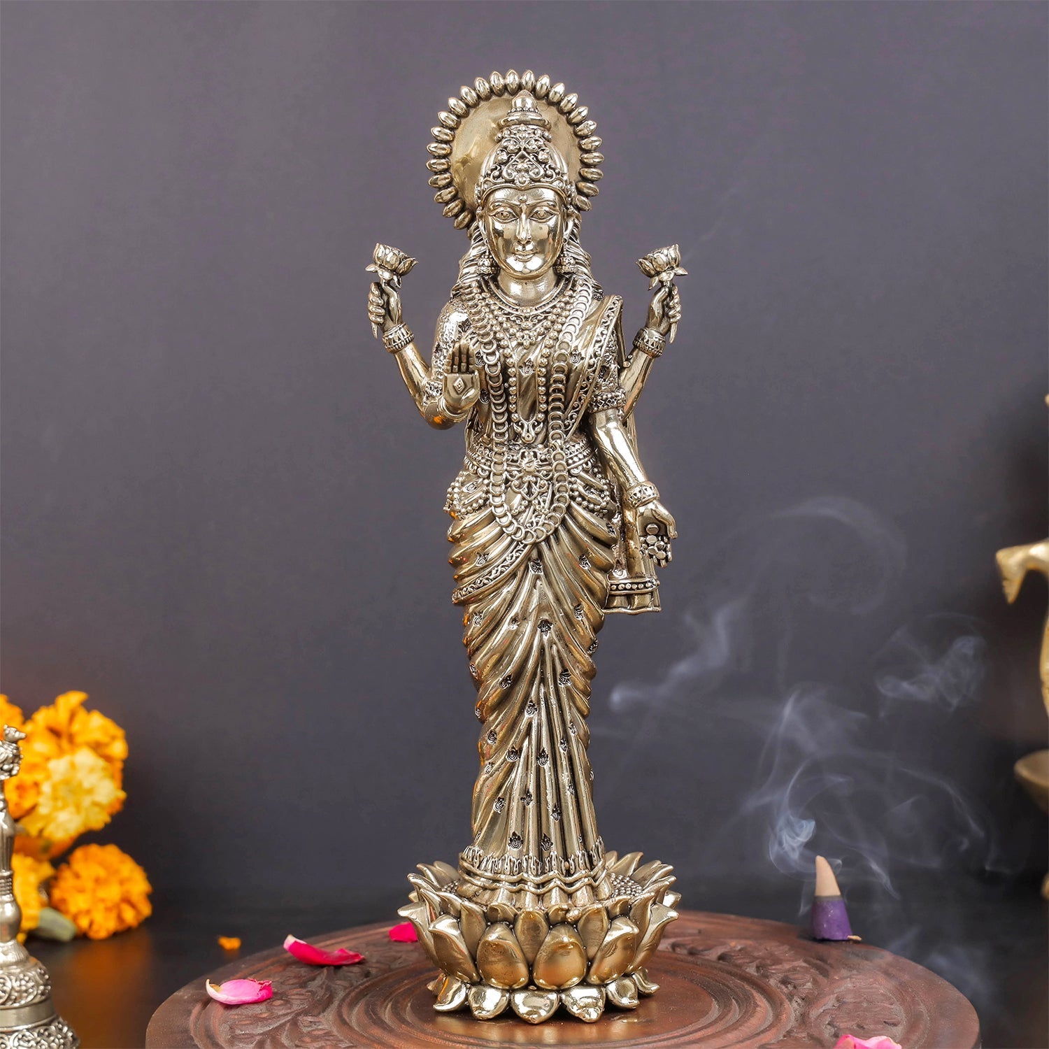 Brass Superfine Standing Goddess Lakshmi Idol 10 Inch - Eco-friendly - Sama Homes