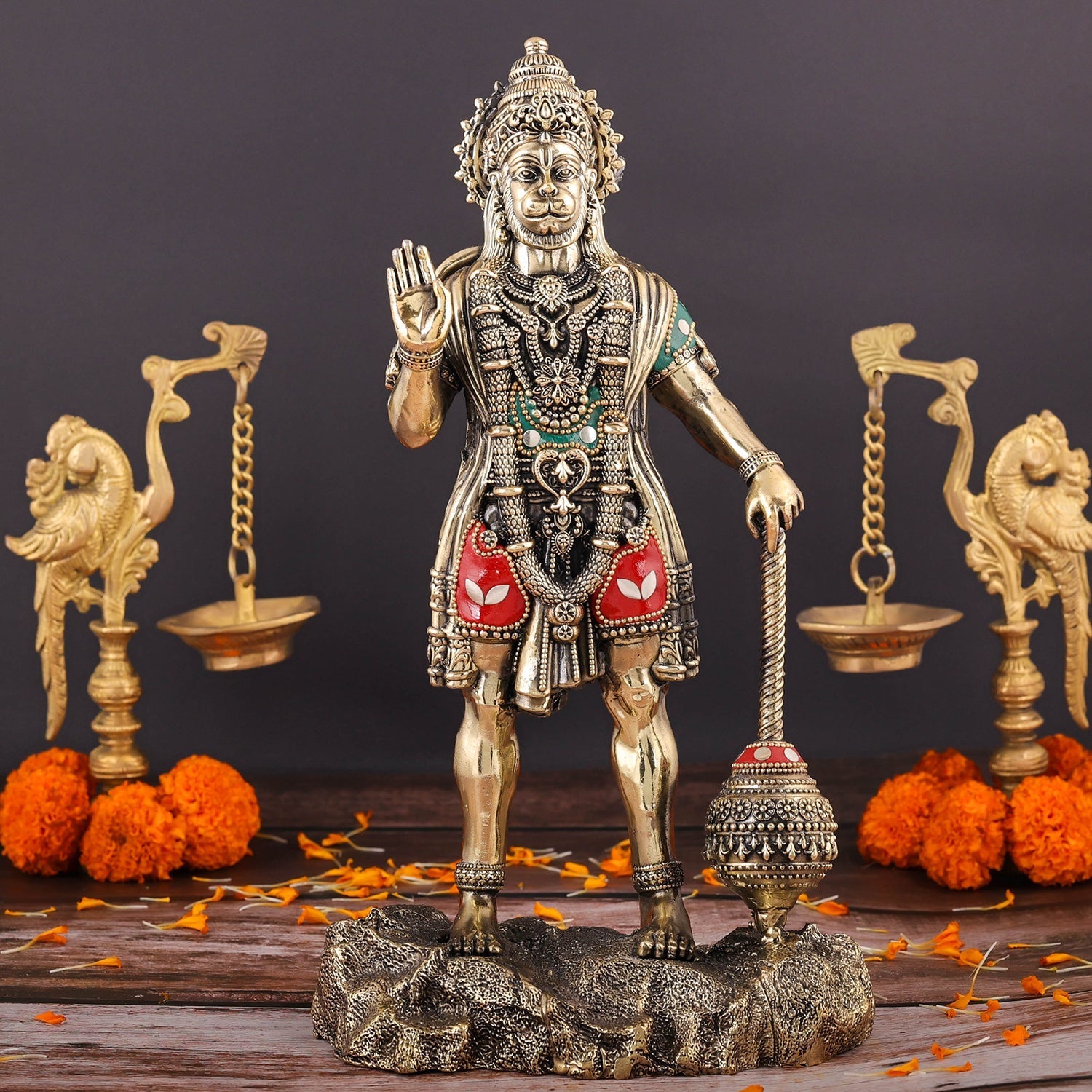 Brass Superfine Standing Hanuman Idol Stone Work 12 Inch - Eco-friendly - Sama Homes