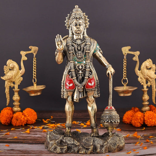Brass Superfine Standing Hanuman Idol Stone Work 12 Inch