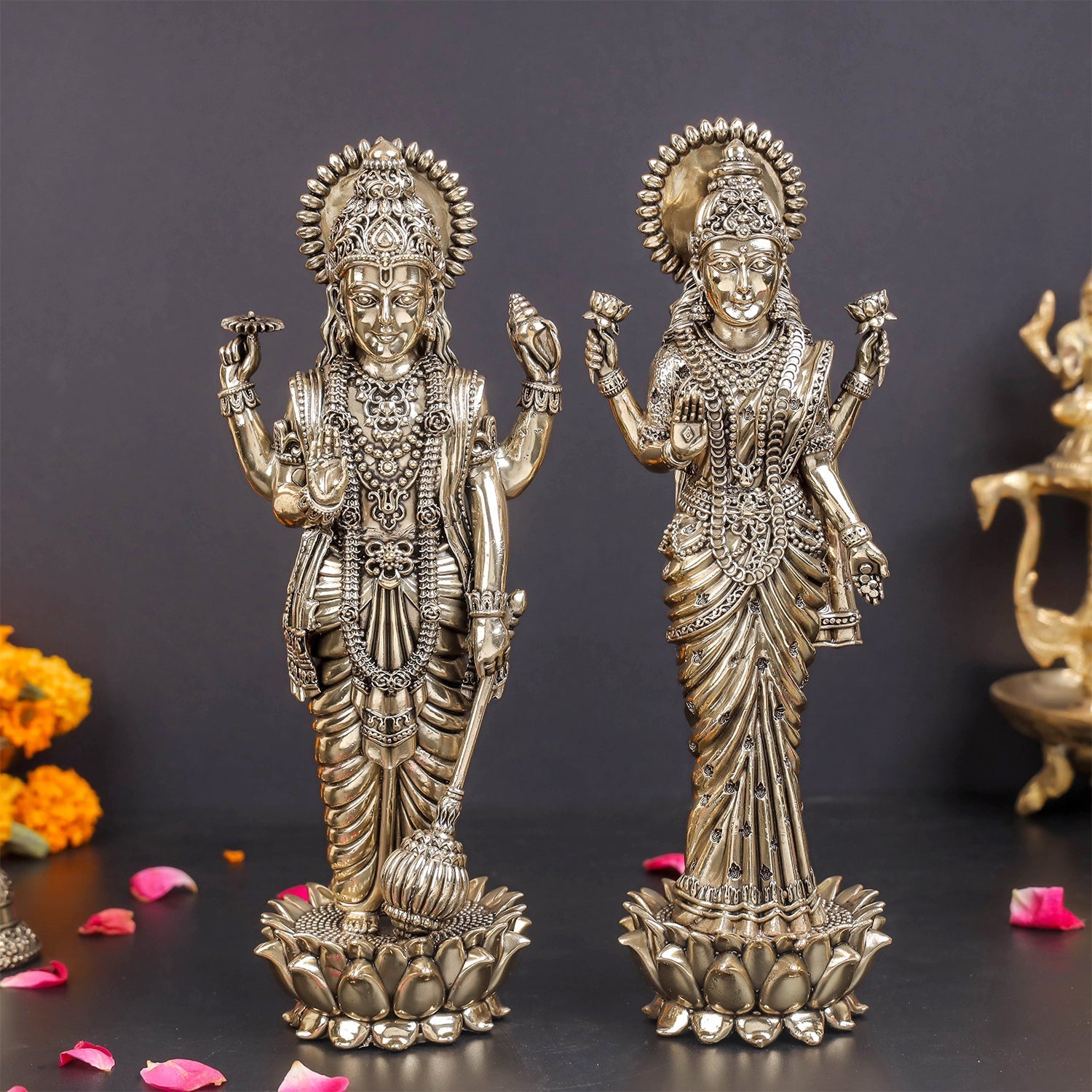 Brass Superfine Standing Vishnu Lakshmi Idol 10 Inches - Eco-friendly - Sama Homes