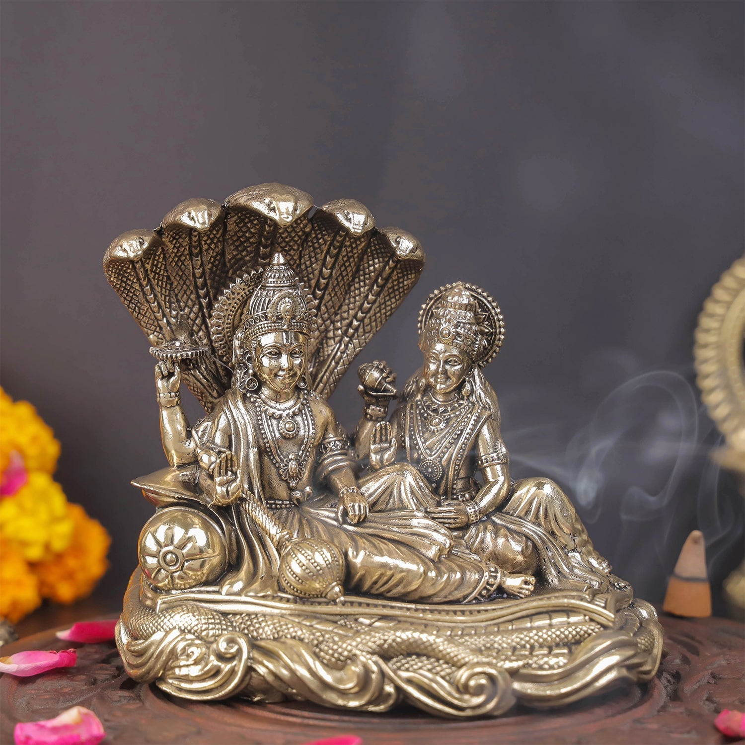 Brass Superfine Vishnu Lakshmi Idol Under Serpent 5 Inch - Eco-friendly - Sama Homes