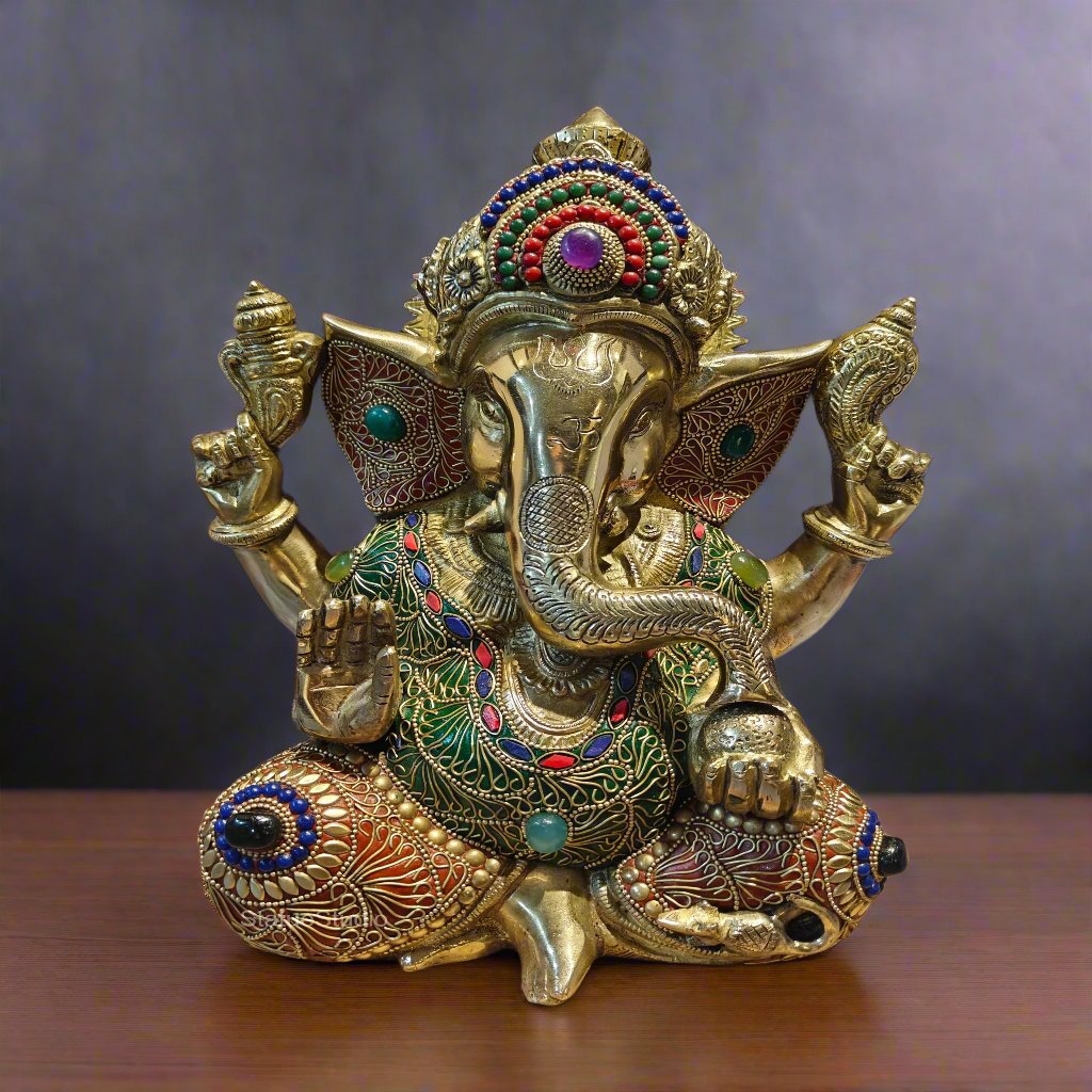 Brass Taj Ganesha Statue With Stone Work 1 Feet - Eco-friendly - Sama Homes