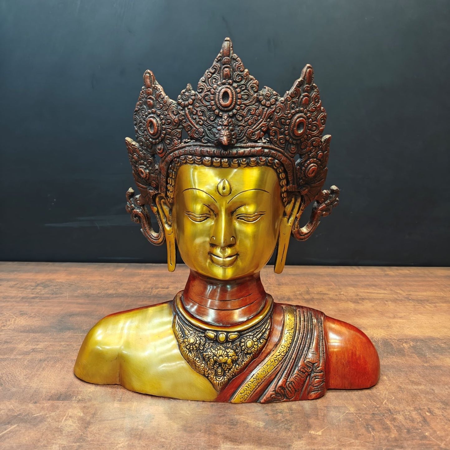 Brass Tara Bust Idol Buddhist Deity Statue Figure Copper Patina Finish 15 Inch