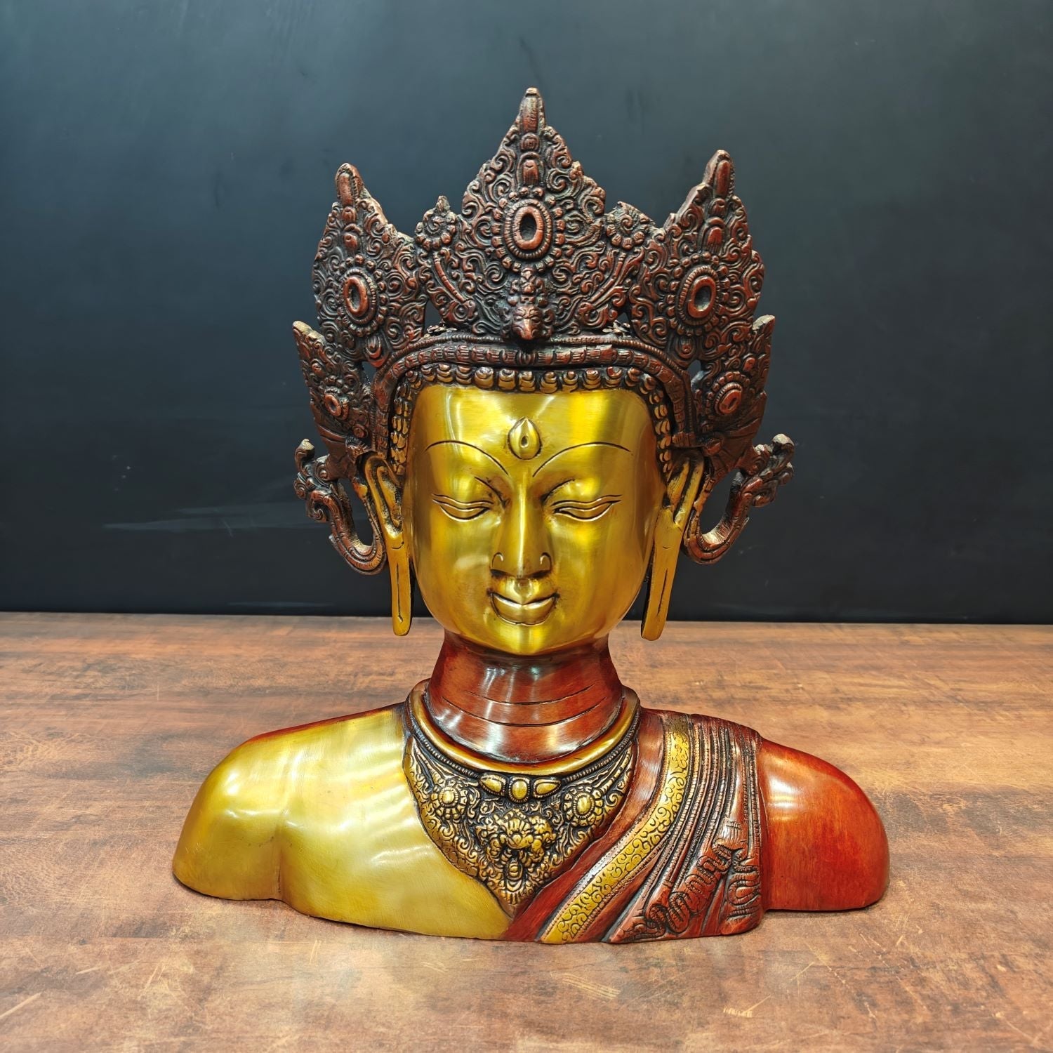 Brass Tara Bust Idol Buddhist Deity Statue Figure Copper Patina Finish 15 Inch - Image 3