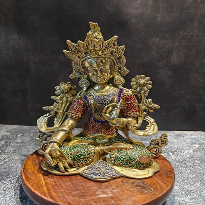 Brass Tara Devi Idol With Stone Work 11 Inches by vendor-unknown - Buddha (View 3)