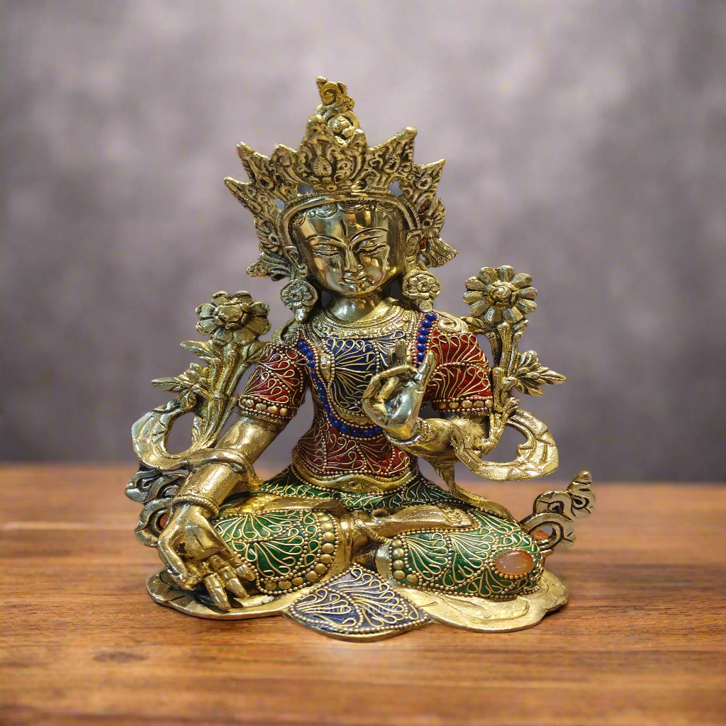 Brass Tara Devi Idol With Stone Work 11 Inches
