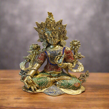 Brass Tara Devi Idol With Stone Work 11 Inches by vendor-unknown - Buddha