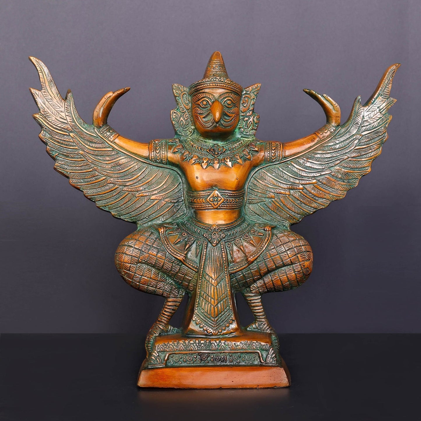 Brass Thai Garuda Idol with Open Wings Vahana of Lord Vishnu Orange Patina Finish 14 Inch