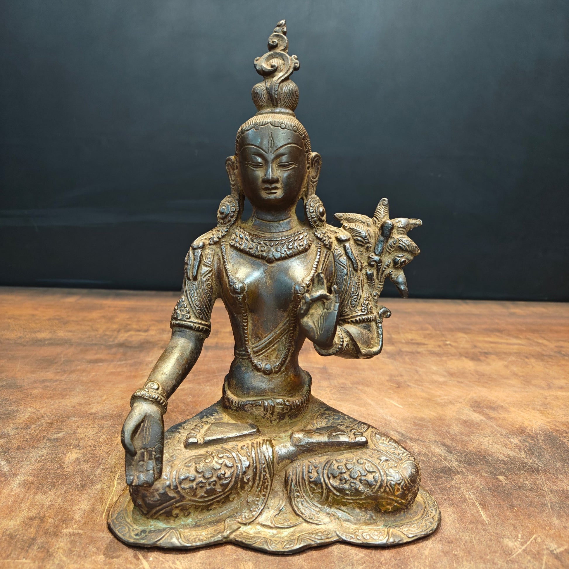 Brass Tibetan Buddhist Goddess White Tara Antique Patina Finish 12 Inch - Eco-friendly - Sama Homes