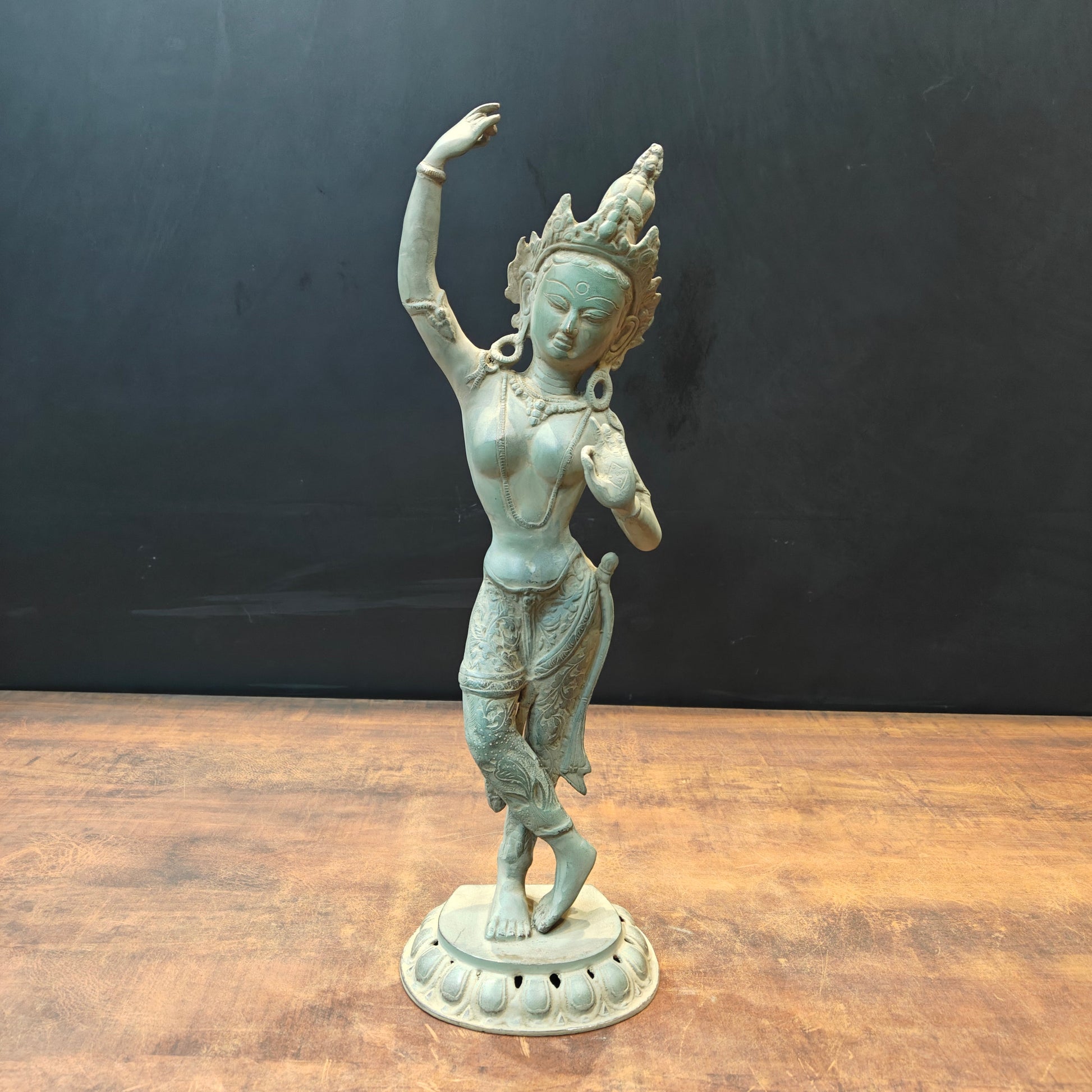 Brass Tibetan Buddhist Maya Devi Statue Green Patina Finish 19 Inch - Eco-friendly - Sama Homes