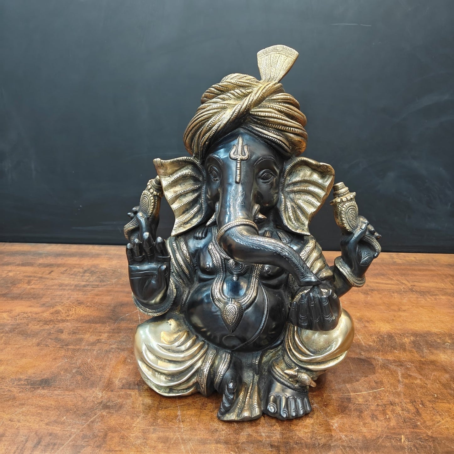 Brass Turbaned Ganesha Statue Black Gold Finish 17 Inch