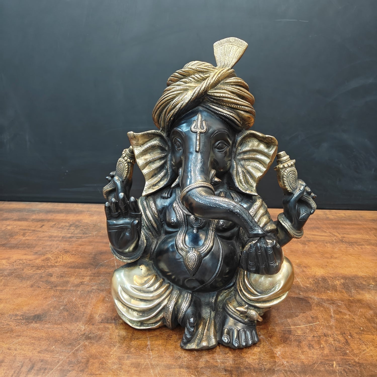 Brass Turbaned Ganesha Statue Black Gold Finish 17 Inch - Eco-friendly - Sama Homes