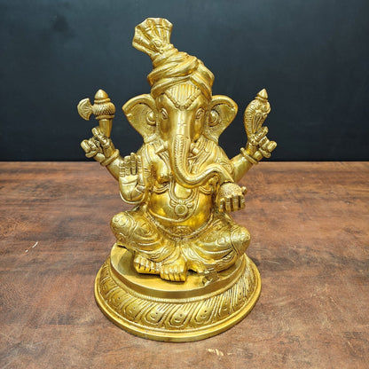 Brass Unique Ganesha Statue Golden Finish For Home Decor 11 Inch by vendor-unknown - Hindu Gods