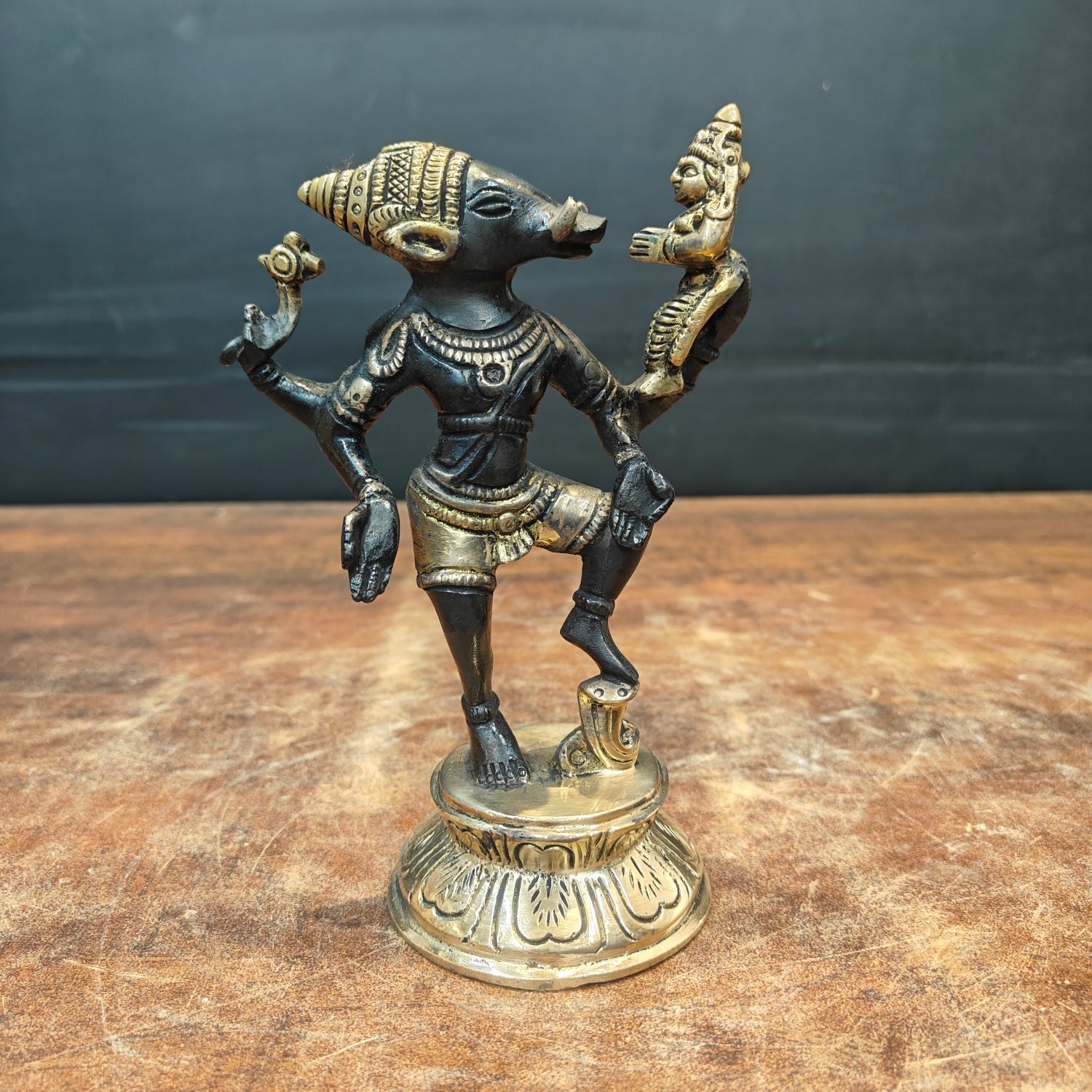 Brass Varaha Lakshmi Statue Antique Finish 7 Inch - Eco-friendly - Sama Homes