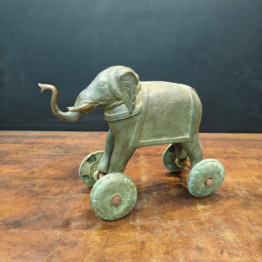 Brass Vintage Elephant Statue On Wheels Green Patina Finish 10 Inch