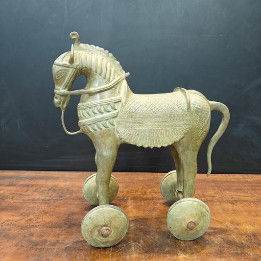 Brass Vintage Horse Statue On Wheels Green Patina Finish 18 Inch