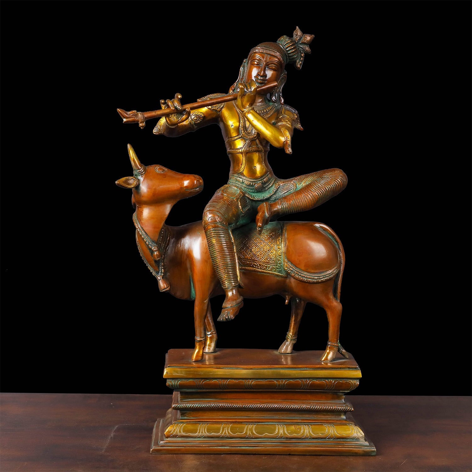 Brass Vintage Krishna Idol Seated On Cow Orange Patina Finish 21 Inch - Eco-friendly - Sama Homes