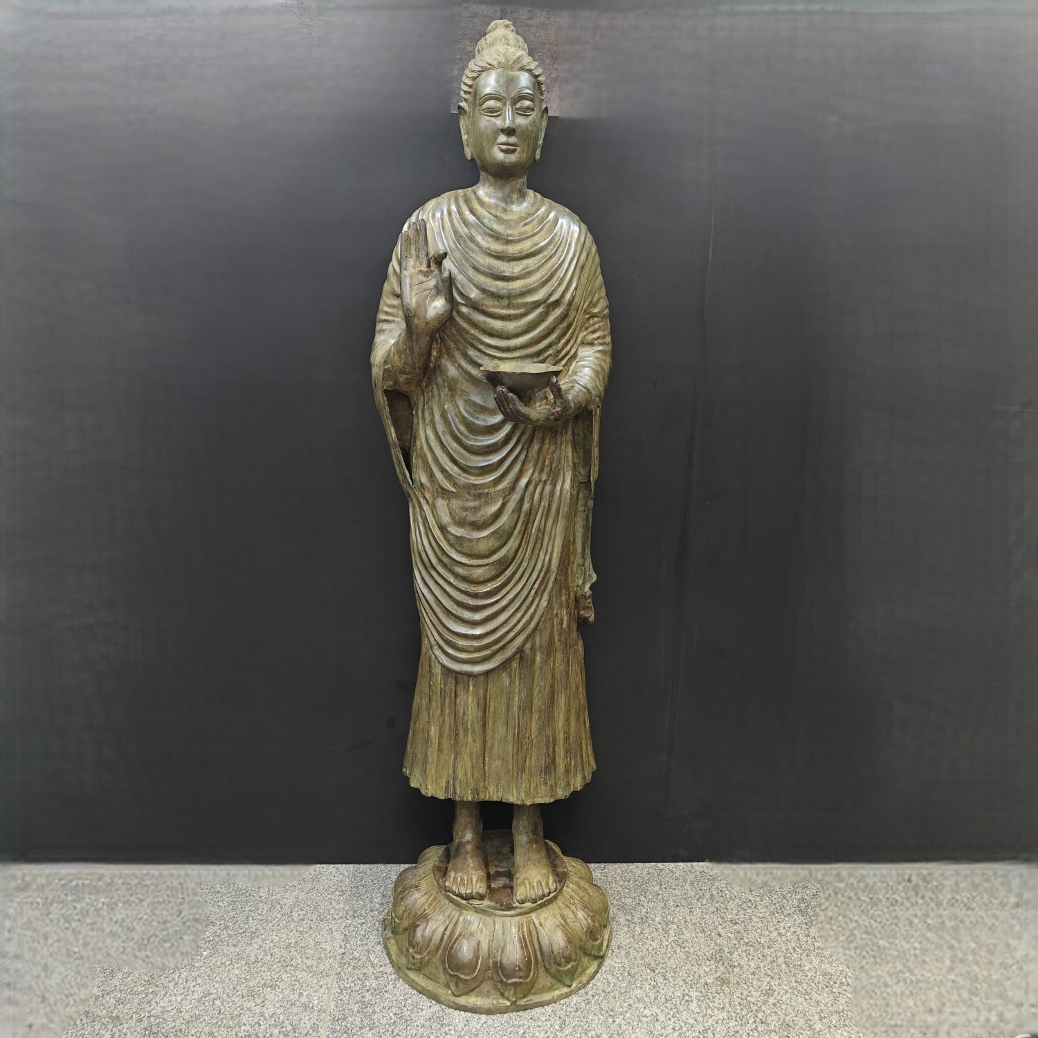 Brass Vintage Large Standing Buddha Statue Green Patina Finish 6.5 Feet - Eco-friendly - Sama Homes