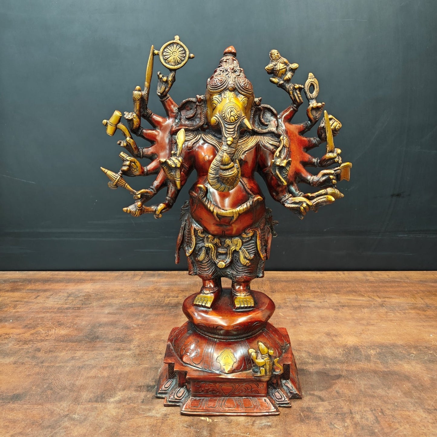 Brass Vintage Standing Ganesha Statue With Sixteen Arms Orange Patina Finish 20 Inch