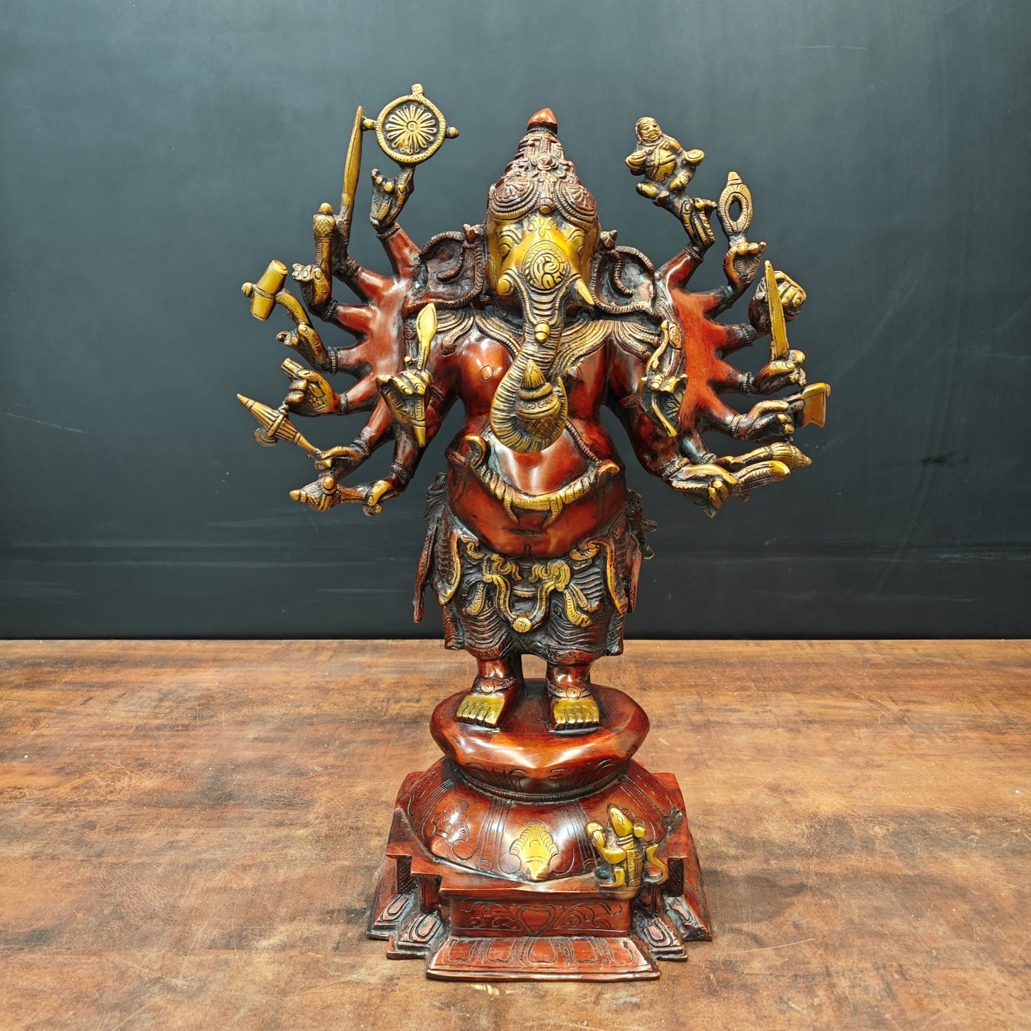 Brass Vintage Standing Ganesha Statue With Sixteen Arms Orange Patina Finish 20 Inch - Eco-friendly - Sama Homes