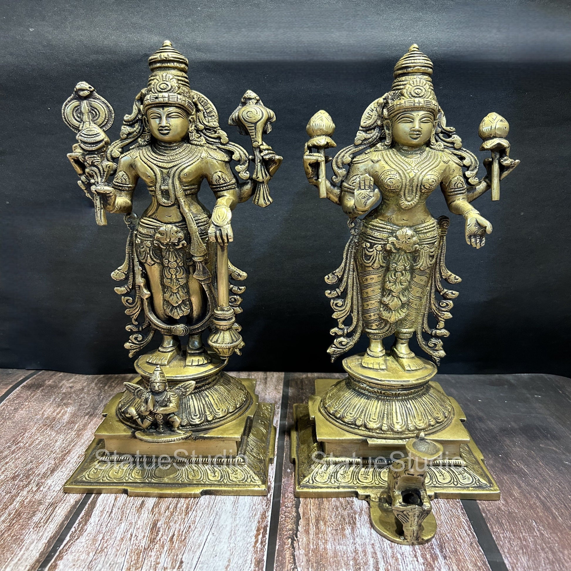 Brass Vishnu Lakshmi Idol Antique Finish For Home Temple Decor 14" - Eco-friendly - Sama Homes