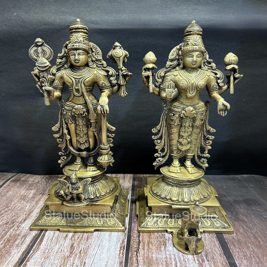 Brass Vishnu Lakshmi Idol Antique Finish For Home Temple Decor 14"