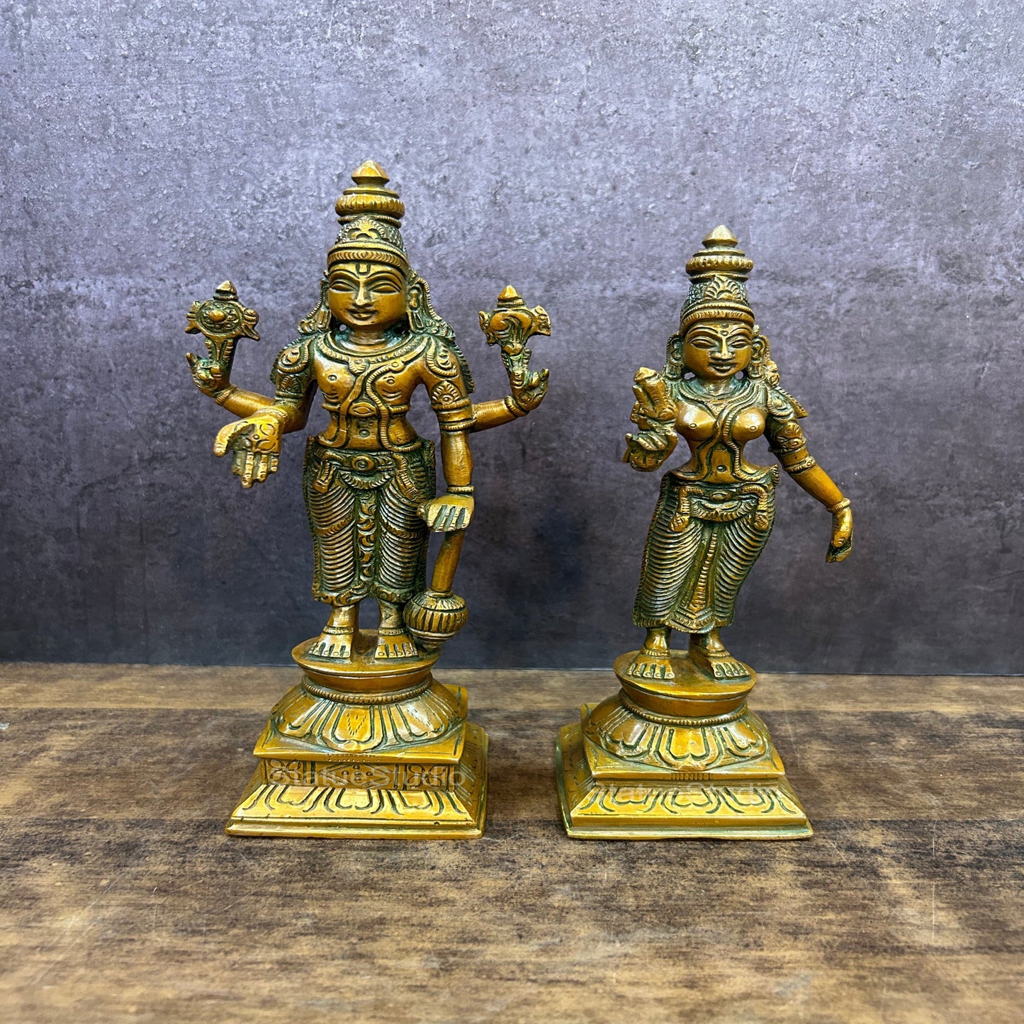 Brass Vishnu Lakshmi Idol Copper Patina Finish For Home Decor 9"