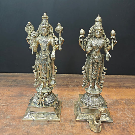Brass Vishnu Lakshmi Idol For Home Temple Decor 14.5 Inches