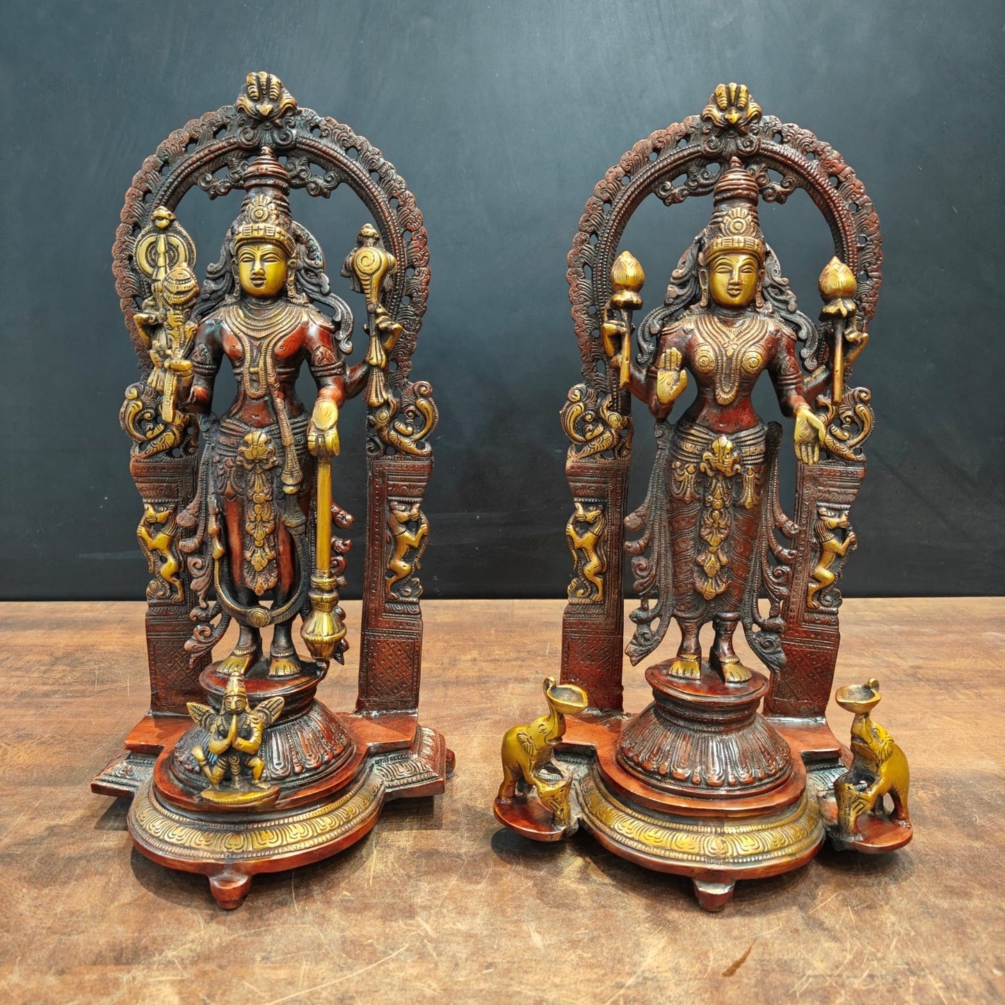 Brass Vishnu Lakshmi Idol With Prabhavali Orange Patina Finish 16 Inch
