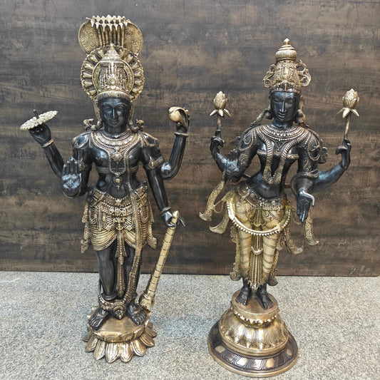 Brass Vishnu Lakshmi Statue Antique Patina Finish 41 Inches