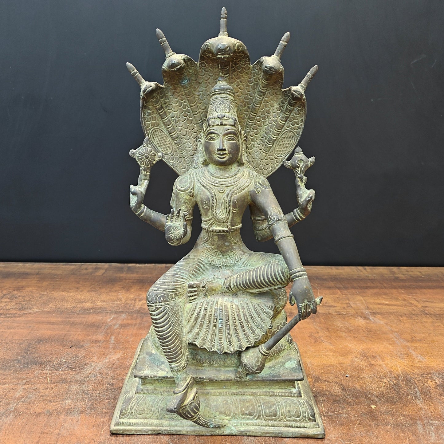 Brass Vishnu Statue Seated on Sheshnaag Antique Finish 16 Inch