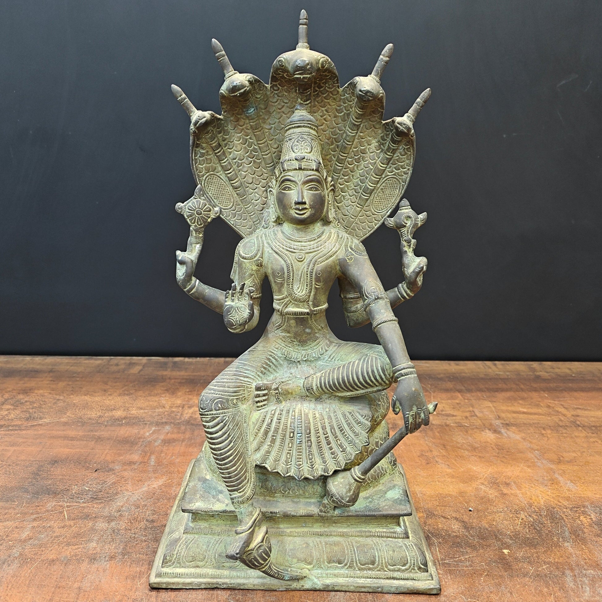 Brass Vishnu Statue Seated on Sheshnaag Antique Finish 16 Inch - Eco-friendly - Sama Homes
