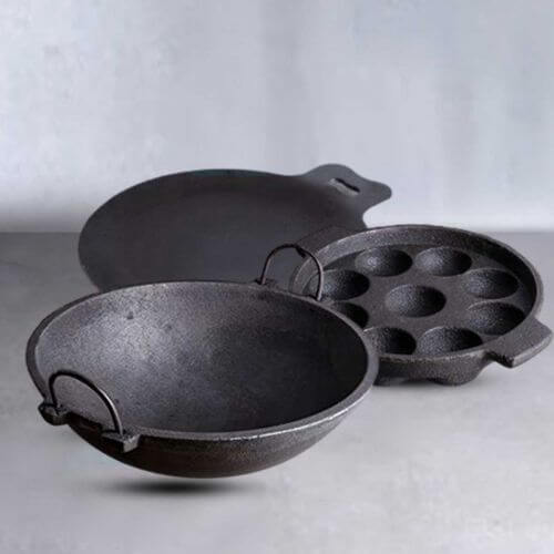 Breakfast Cast Iron Combo Large: Iron Dosa Tawa, Cast Iron Kadai & Paddu-Appe – Sama Homes - Eco-friendly - Sama Homes