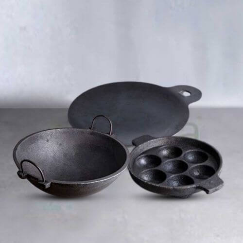 Breakfast Medium Cast Iron Combo: Iron Dosa Tawa, Cast Iron Kadai & Paddu-Appe – Sama Homes