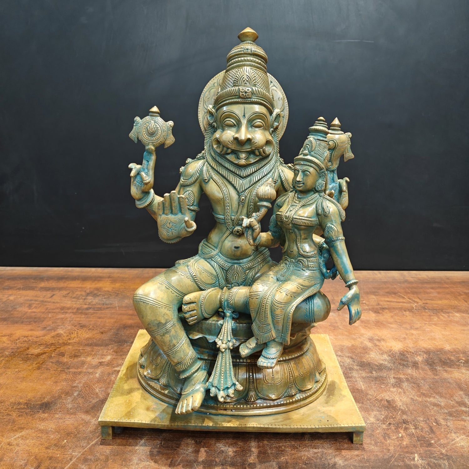 Bronze Vintage Narasimha Lakshmi Statue Chola Patina Finish 19 Inch - Eco-friendly - Sama Homes
